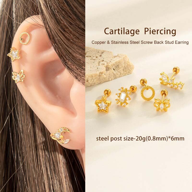 1 Adet Geometrik Bakır Altın Renkli Zirkon Kadın Piercing Küpe Resim5