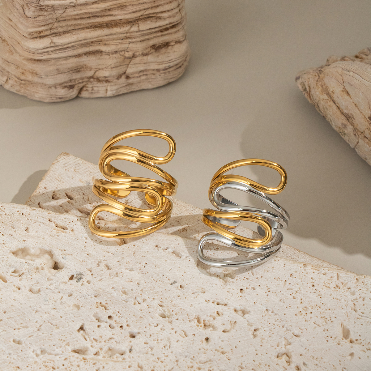 1 Pair Simple Rock Irregular Shape Stainless Steel Waterproof  Gold Color  Statement Rings 2