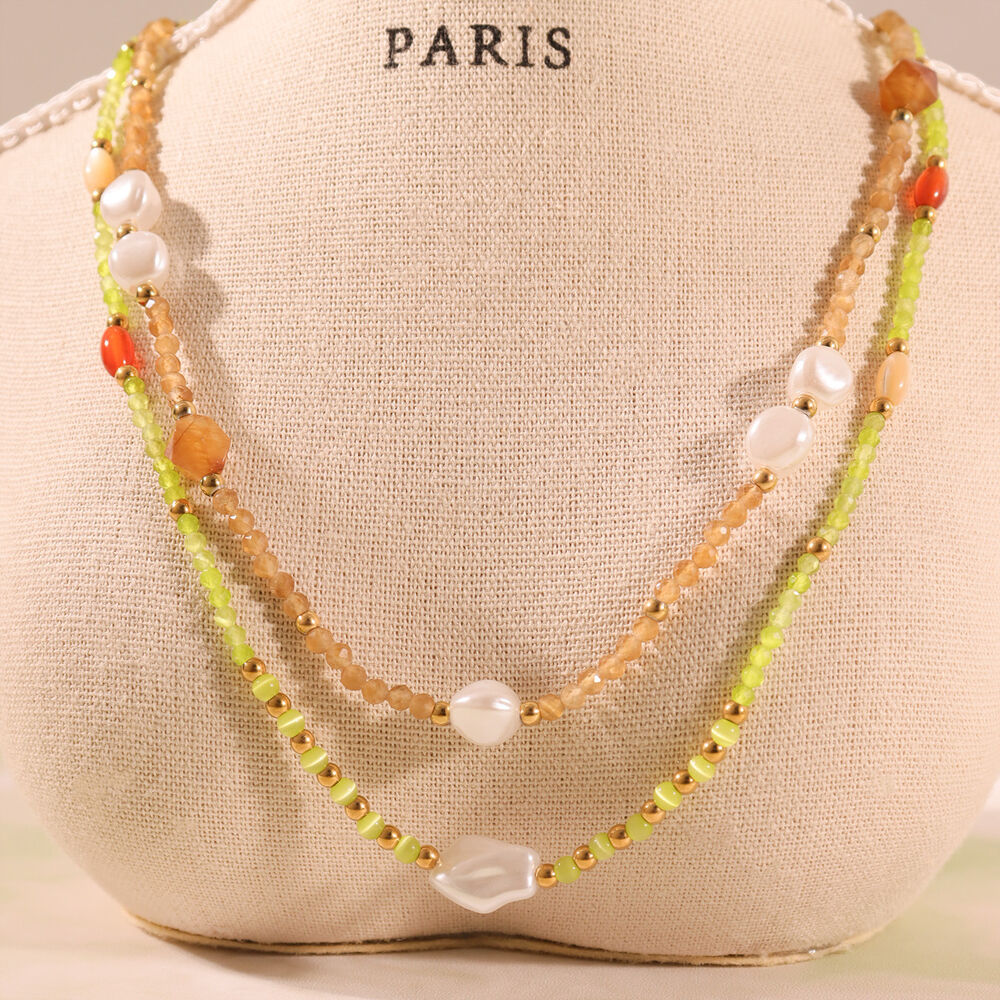 1 collar elegante de cuentas con piedras naturales de color dorado para mujer. h5Imagen4