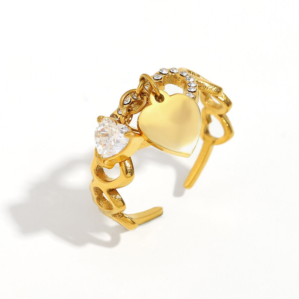 Heart Zircon Stainless Steel Waterproof Gold Color Statement Ring 