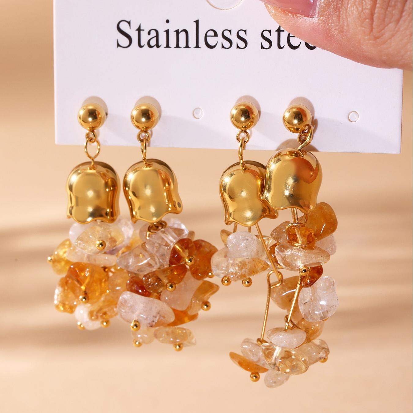1 Pair Natural Stone Tassel Stainless Steel Waterproof Gold Color Women's Beads Earrings h5 Picture6