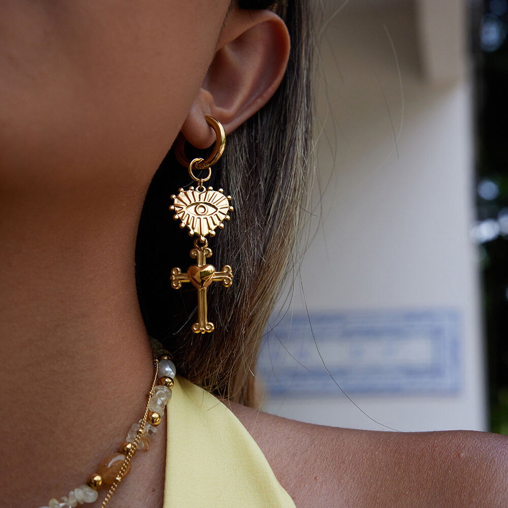 1 Pair Retro Heart&Cross Stainless Steel Waterproof Gold Color Women's Drop Earrings h5Picture4