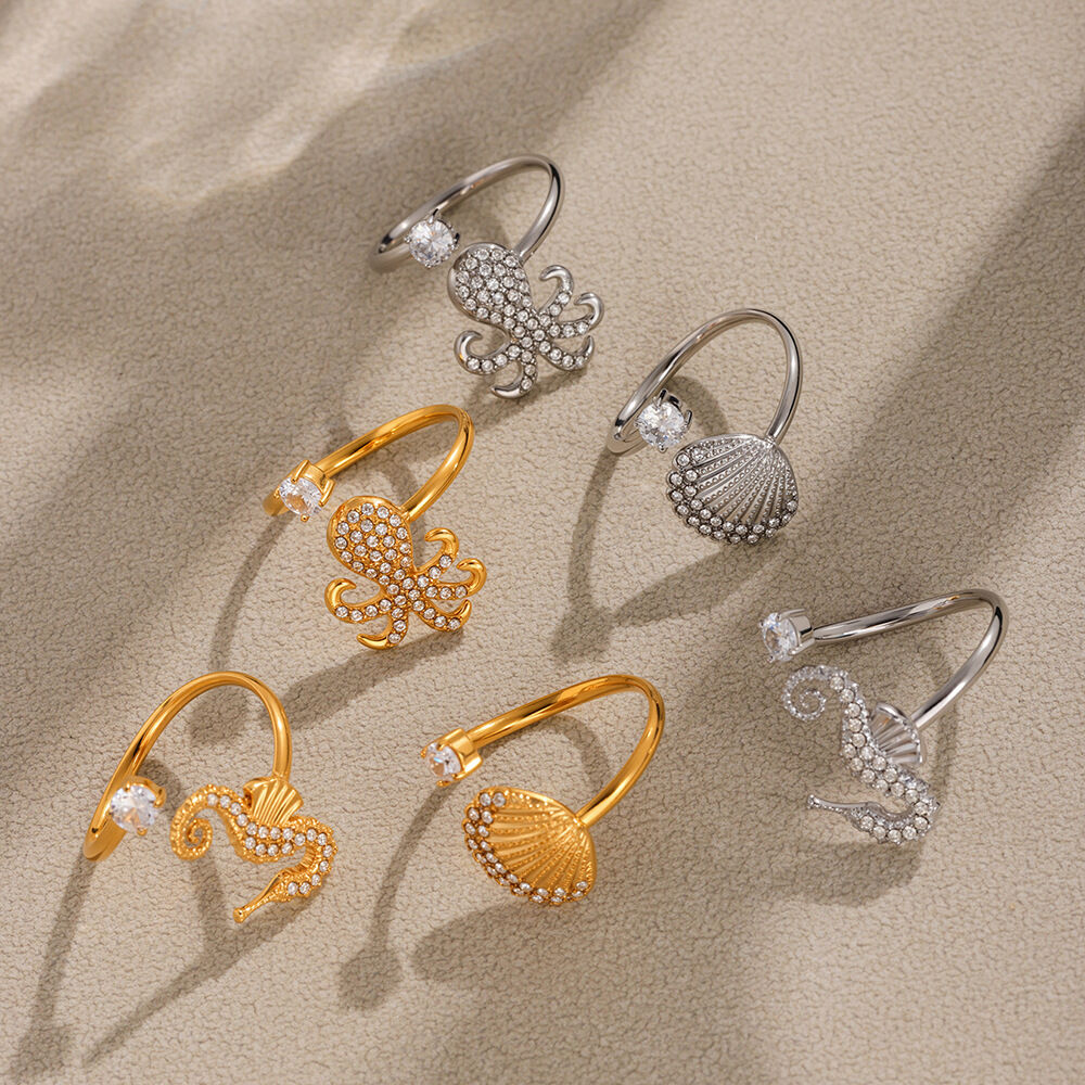 1 pezzo di anello con scritta "Vacance Sea Horse" in acciaio inossidabile, impermeabile, color oro Immagine5