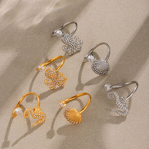 1 pezzo di anello con scritta "Vacance Sea Horse" in acciaio inossidabile, impermeabile, color oro h5 Immagine5