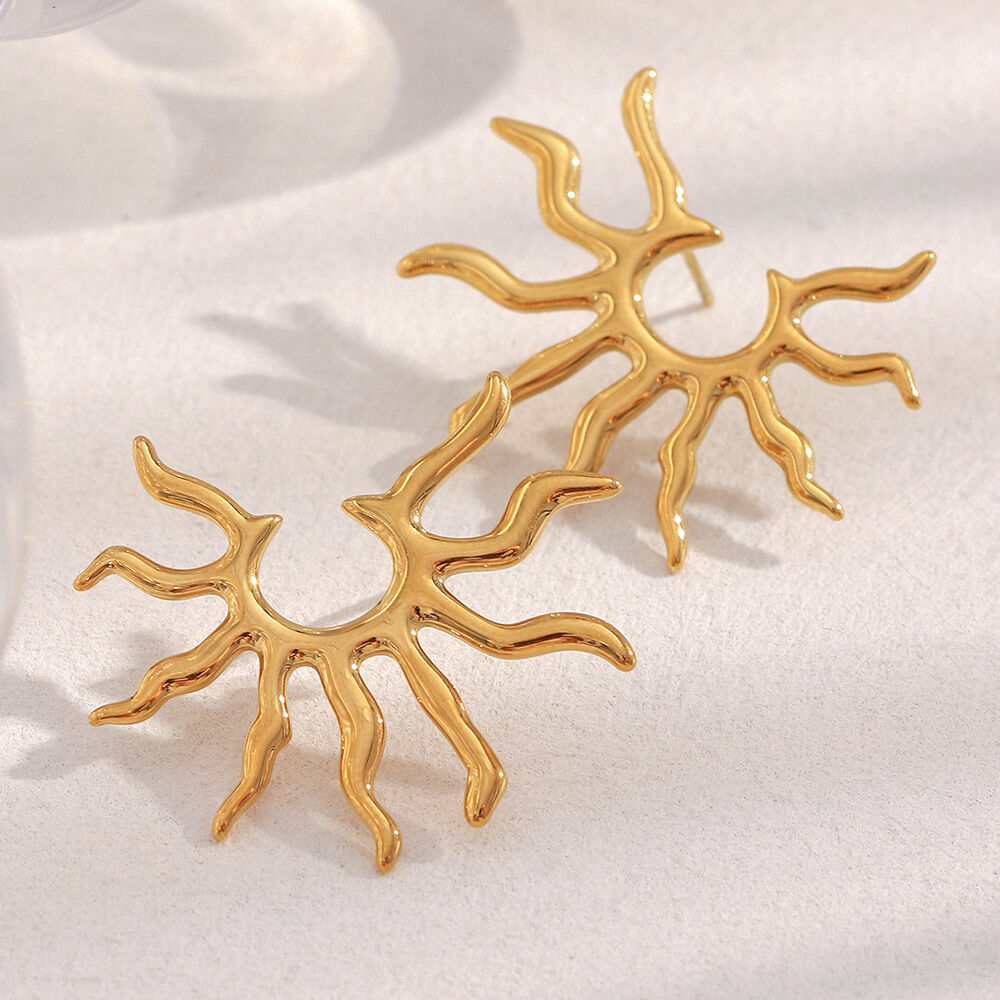 1 paio di orecchini a bottone da donna in acciaio inossidabile color oro impermeabili con motivo "Vacance Sun" della serie Simple