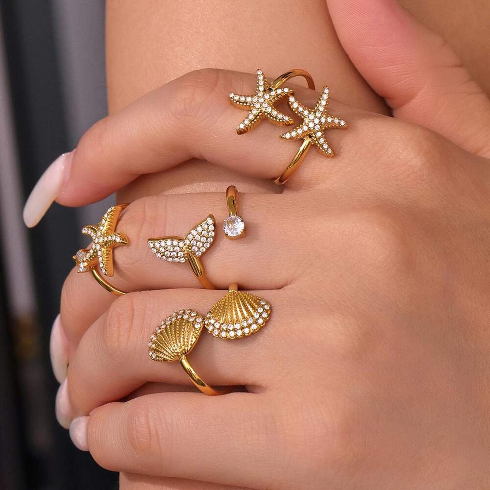 1 Piece Oceanic Starfish Stainless Steel Waterproof Gold Color Women's Gemstone Rings h5Picture4