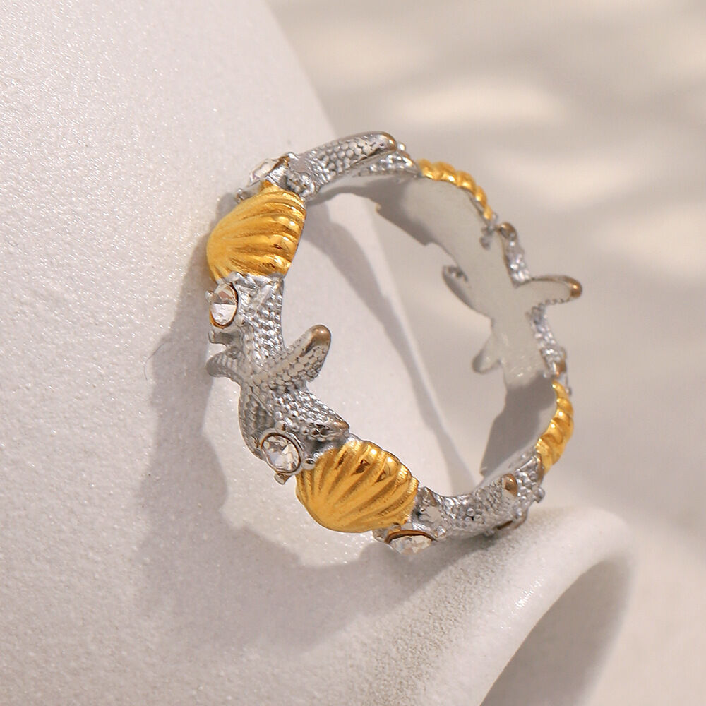 1 Piece Designable Starfish & Shell Stainless Steel Waterproof Gold Color Statement Rings h5 Picture6