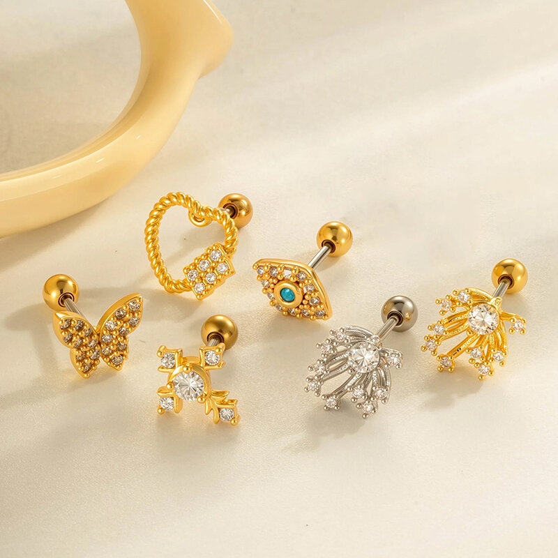 Orecchino piercing in zircone color oro e rame a forma di cuore, 1 pezzo