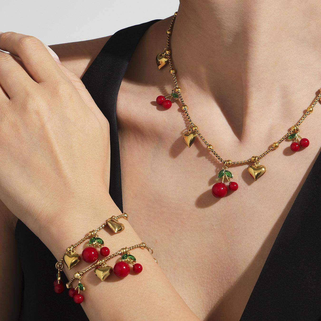 Set di gioielli da donna in acciaio inossidabile color oro impermeabile, 1 pezzo, color ciliegia vivido