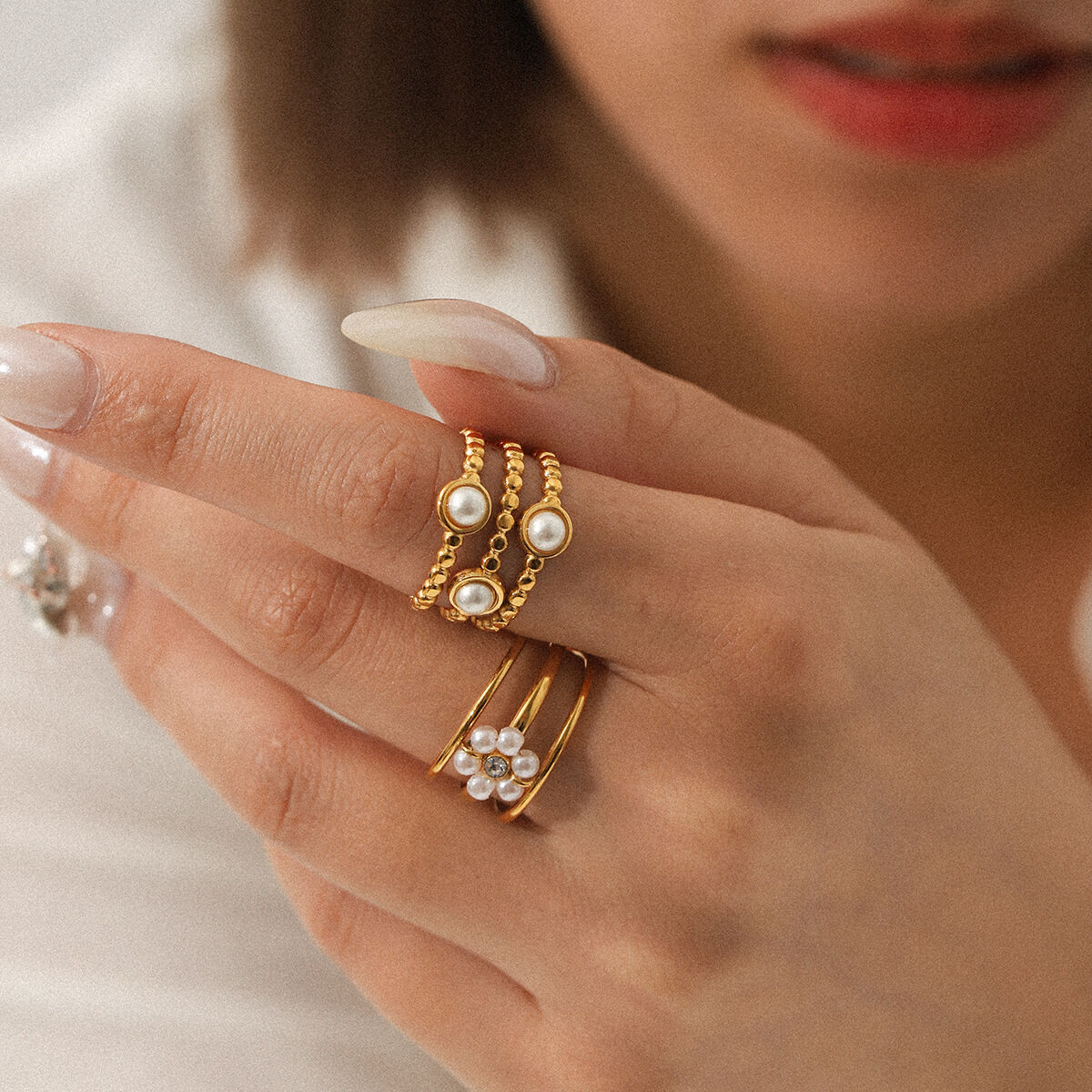 1 Piece Daily Flower Beads Stainless Steel Waterproof  Pearl Statement Rings 2