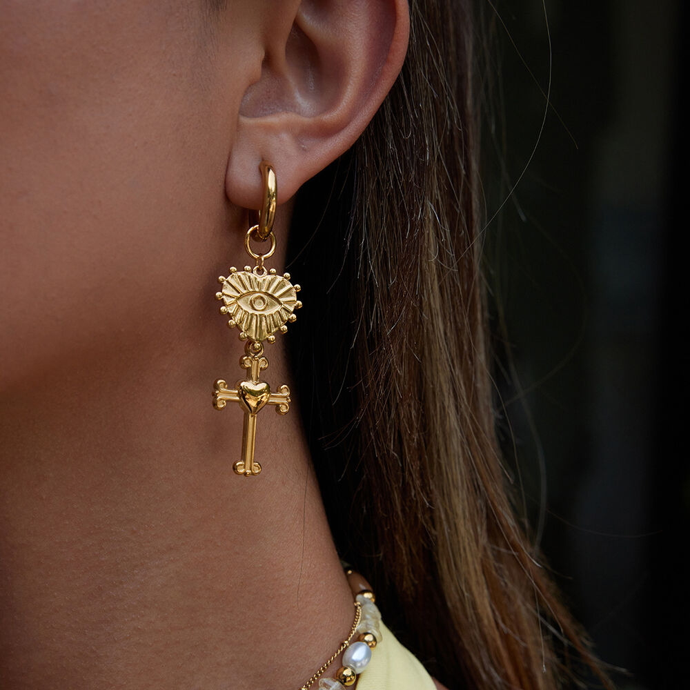 1 Pair Retro Heart&Cross Stainless Steel Waterproof Gold Color Women's Drop Earrings h5Picture5