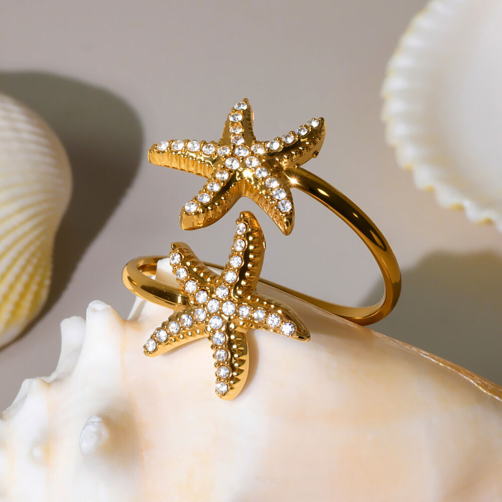 1 Piece Oceanic Starfish Stainless Steel Waterproof Gold Color Women's Gemstone Rings h5Picture5