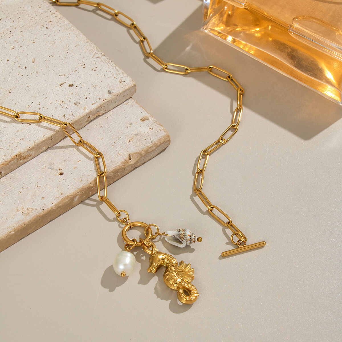 1 Piece Sea Horse Stainless Steel Waterproof Gold Color Pendant Necklace 2
