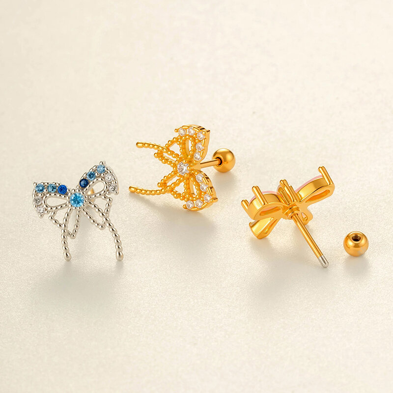 Orecchino piercing con nodo a fiocco in rame e zircone color oro h5 Immagine3