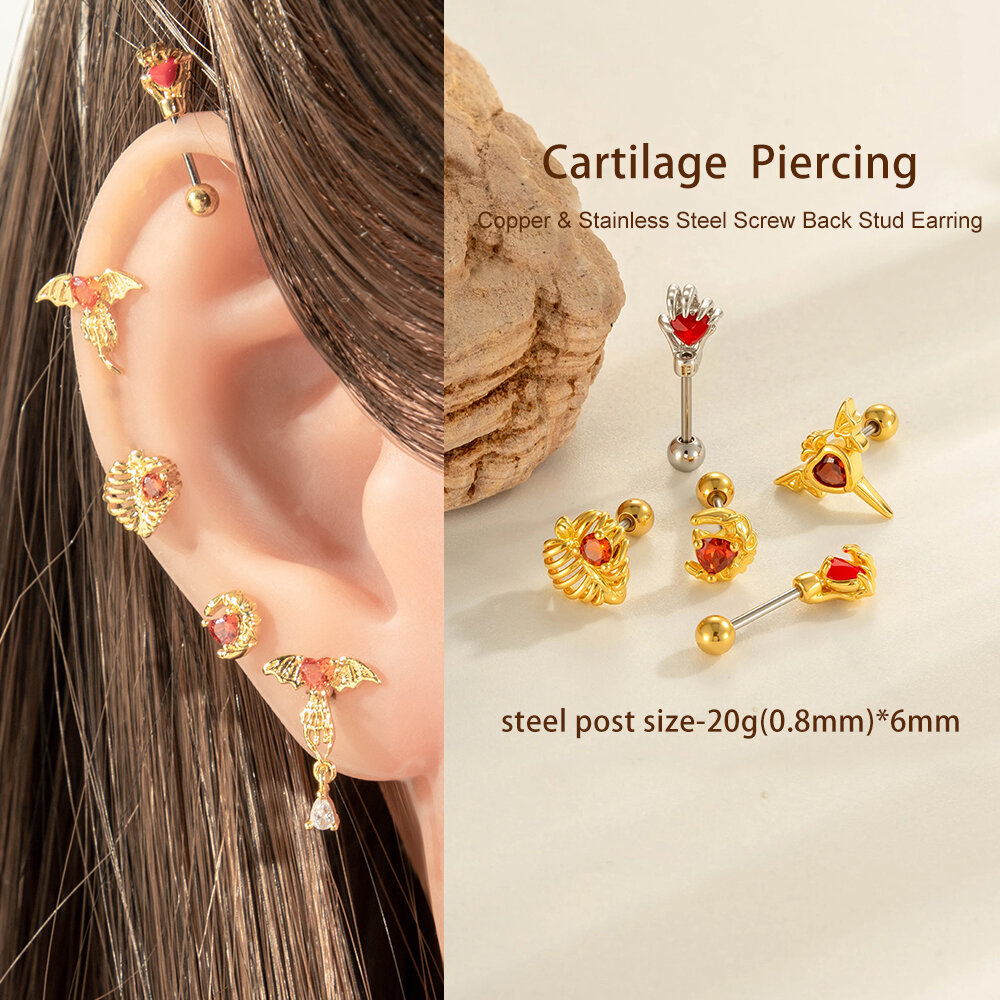 1 Parça Kalp Bakır Altın Renkli Zirkonyum Piercing Küpe Resim4