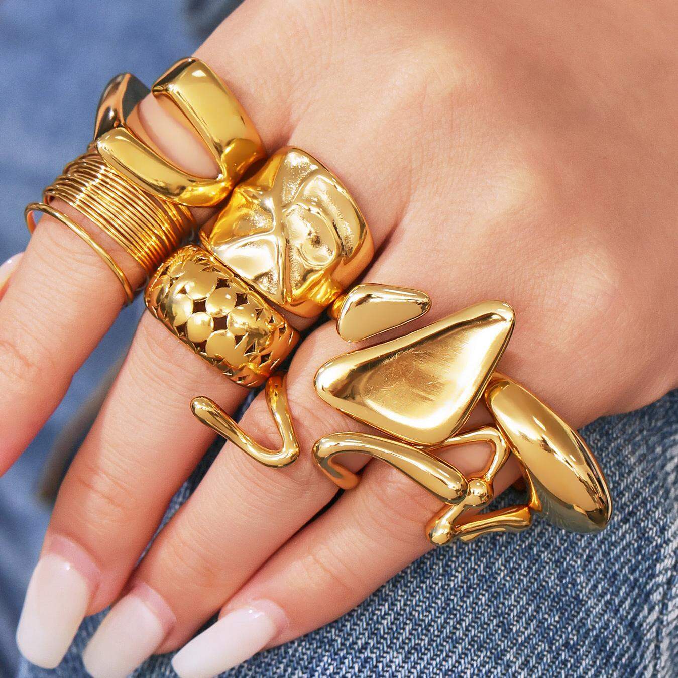 1 Piece Modern Irregular Shape Stainless Steel Waterproof Gold Color Statement Rings h5 Picture6