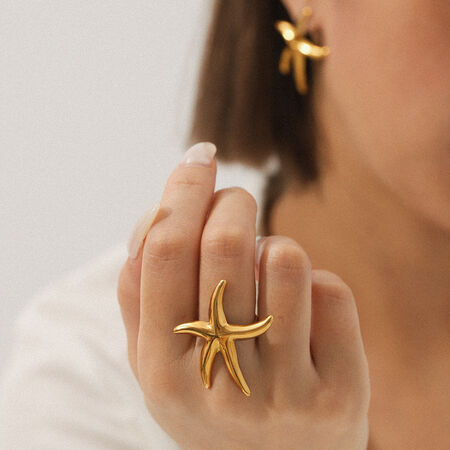 1 Piece Simple Daily Starfish Stainless Steel Waterproof Gold Color Statement Rings