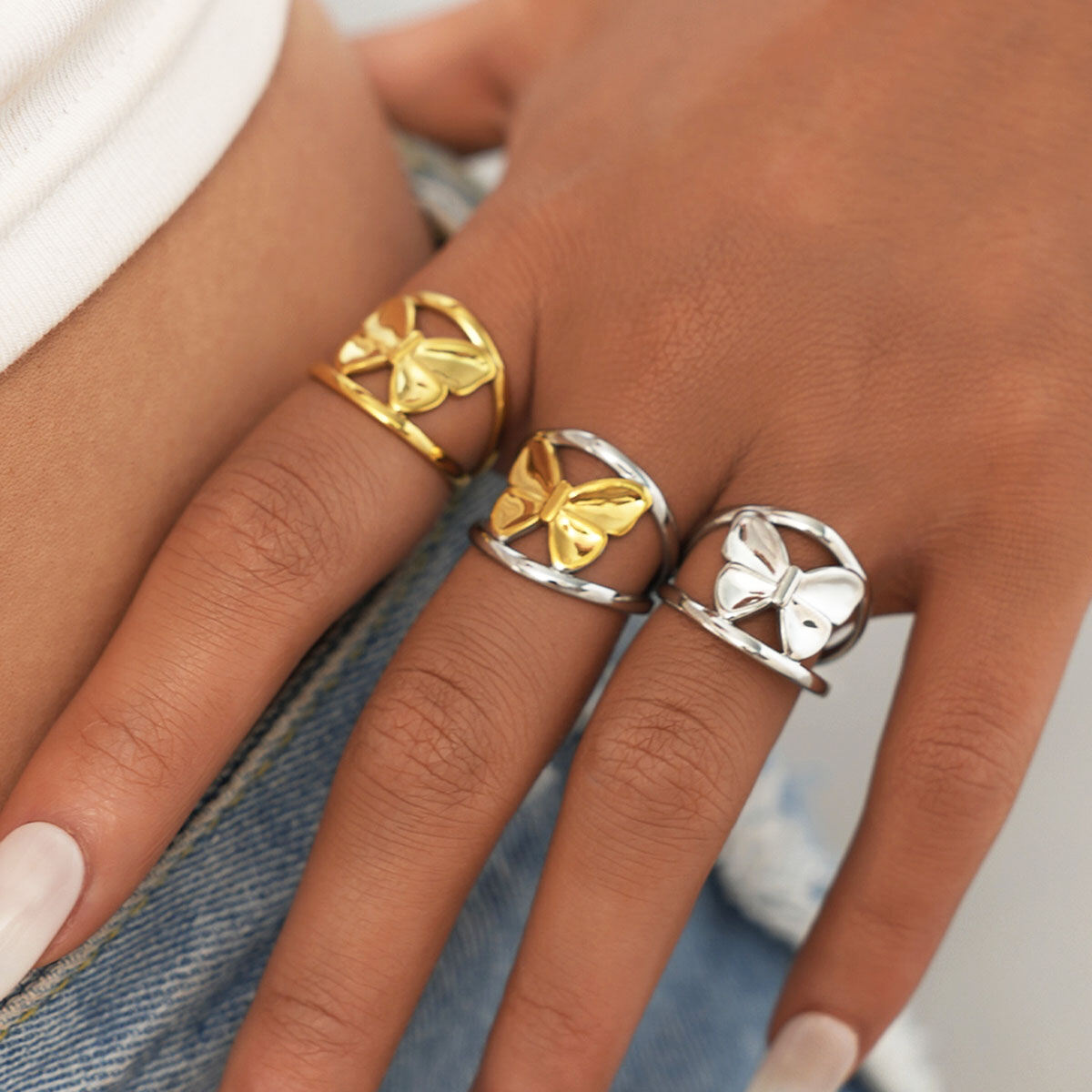 1 pezzo semplice serie casual farfalla in acciaio inossidabile impermeabile color oro anelli minimalisti Immagine4