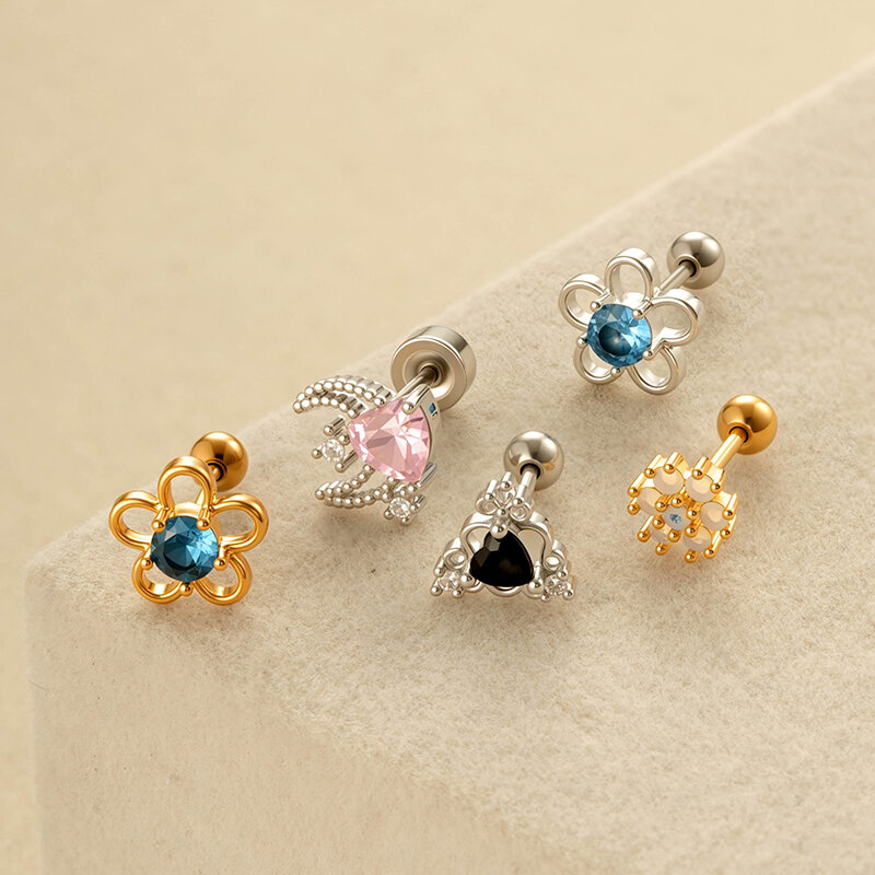 1 Piece Flower Copper Gold Color Zircon Piercing Earring