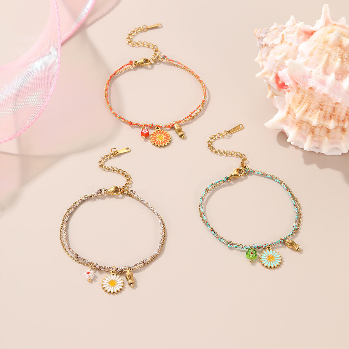 1 Piece Romantic Sweet Flower Stainless Steel Waterproof Braided Bracelets Picture3