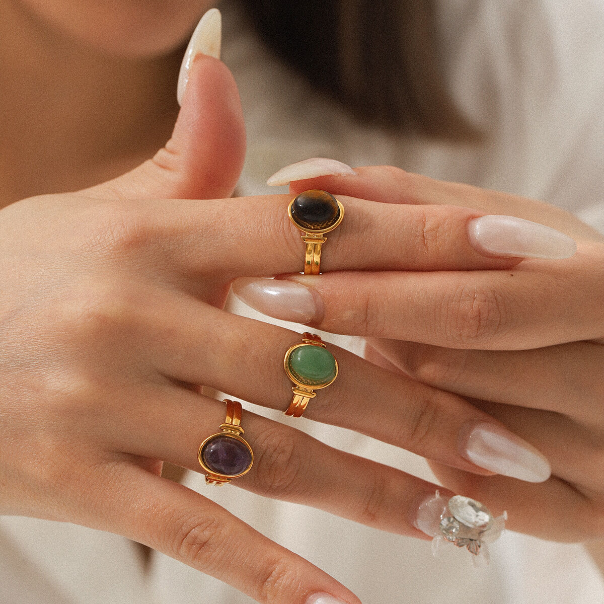 1 Piece Daily Irregular Shape Stainless Steel Waterproof Natural Stone Women's Gemstone Rings