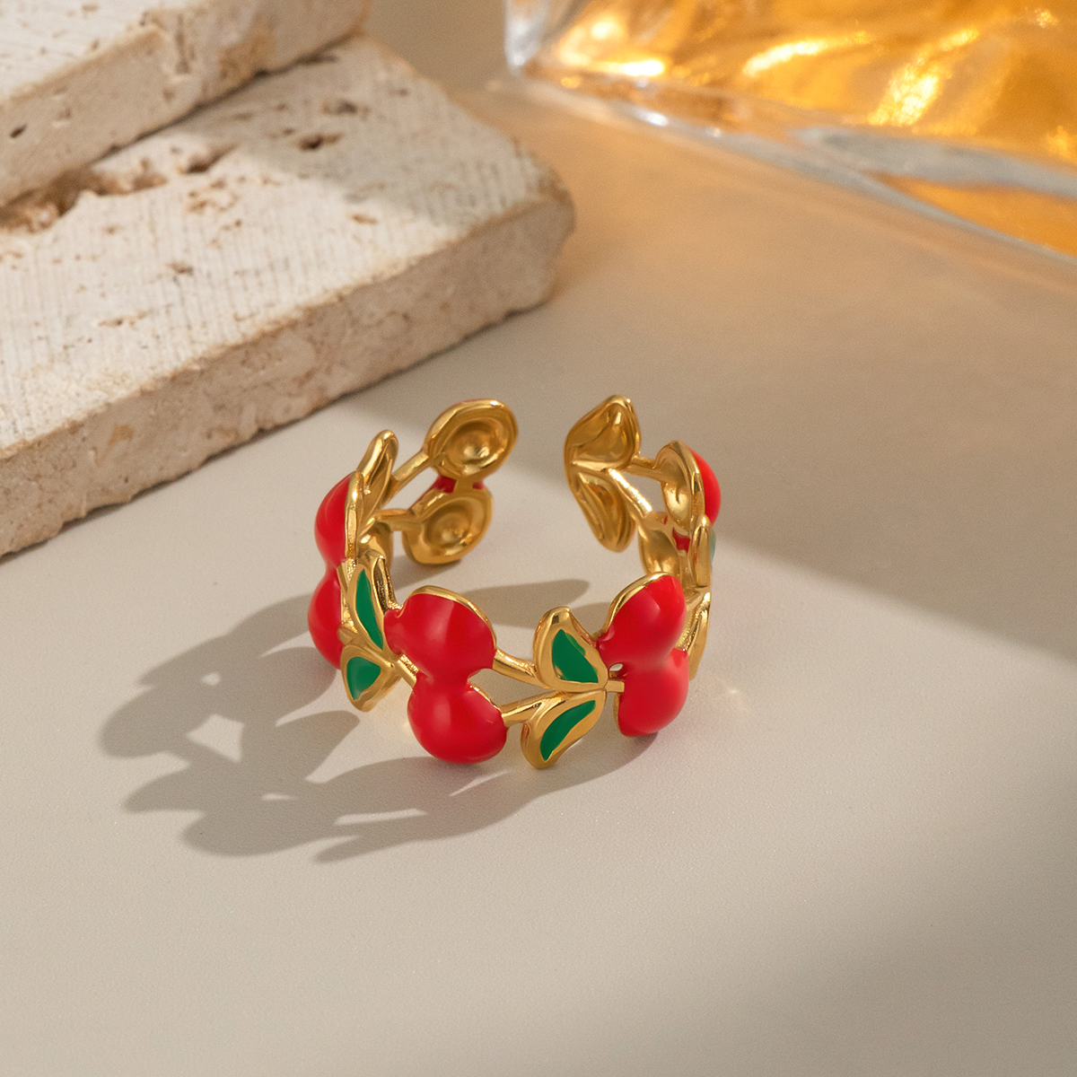 1 Piece Romantic Series Sweet Cherry Stainless Steel Waterproof Gold Color Statement Rings Picture3