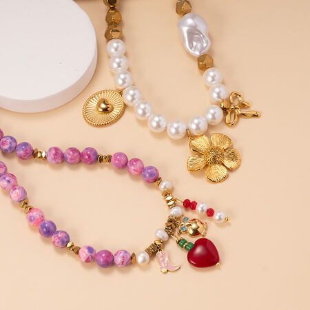1 Piece Bright-coloured Heart Natural Stones Gold Color Women's Beaded Necklaces 2