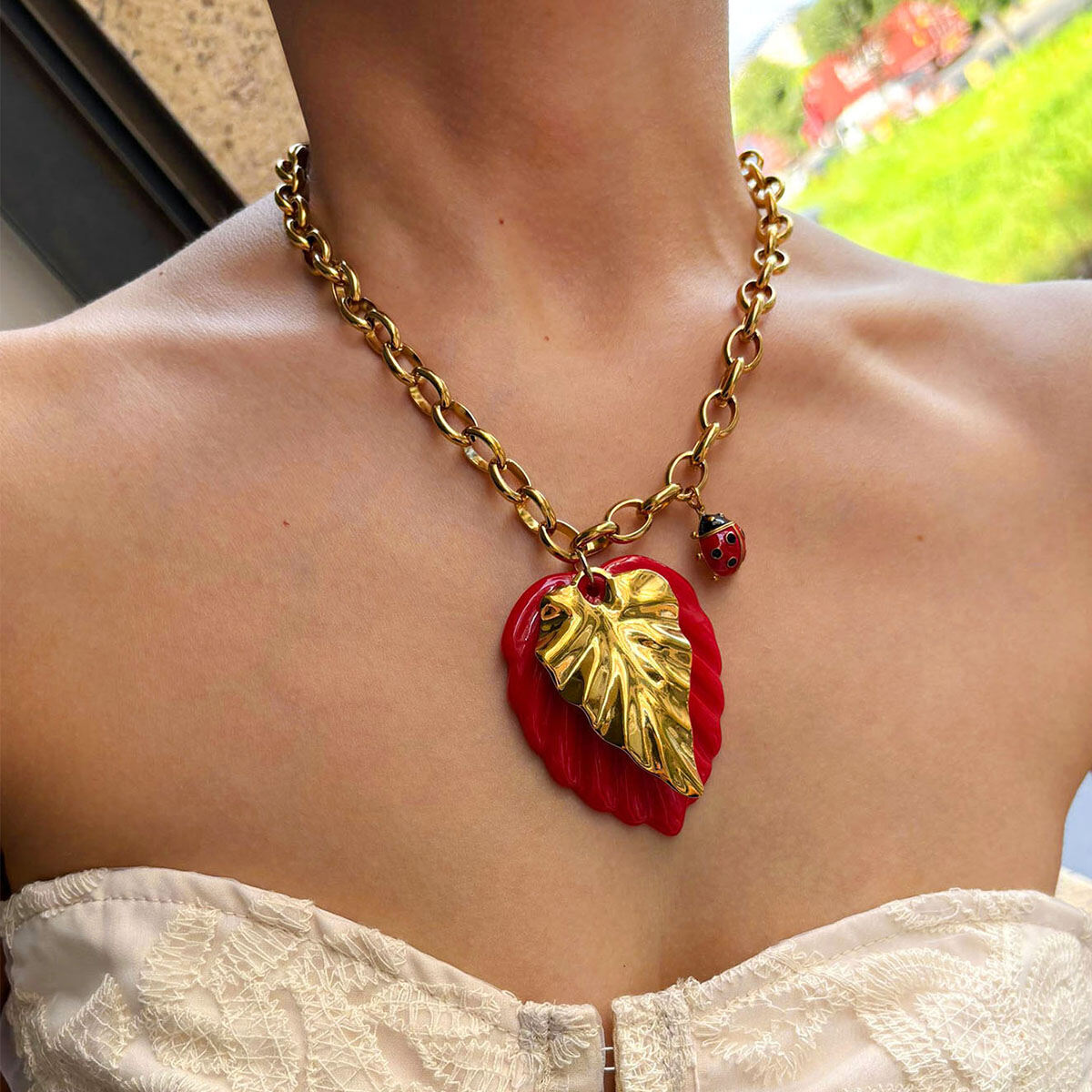 1 Piece Leaf Stainless Steel Waterproof Gold Color Pendant Necklace 2
