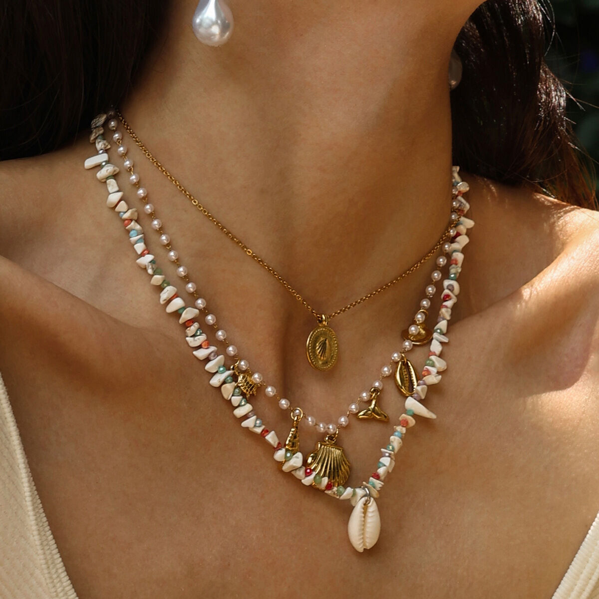 1 Piece Shell Natural Stones Gold Color Beaded Necklace h5 Picture4