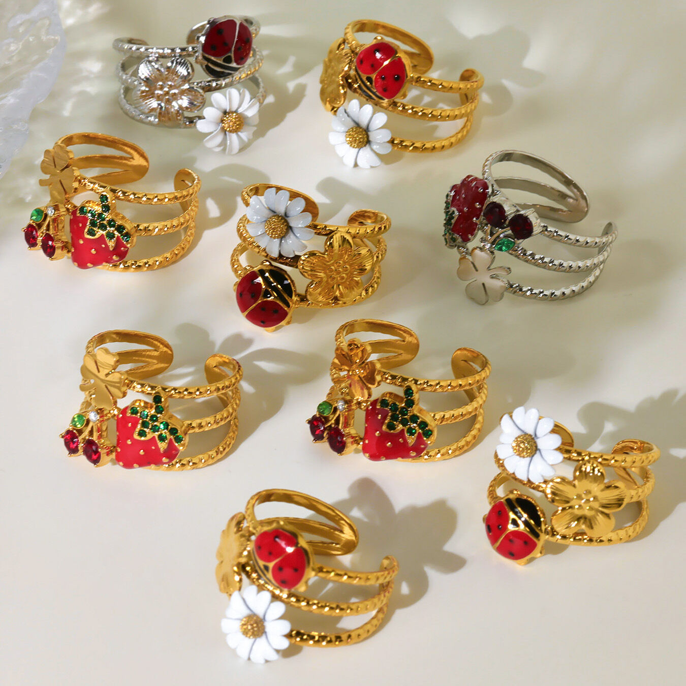 1 Piece Vivid Insect Stainless Steel Waterproof Gold Color Zircon Statement Rings 2