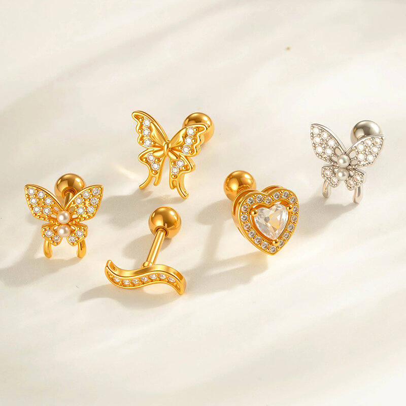 1 orecchino piercing a farfalla in zircone color rame e oro