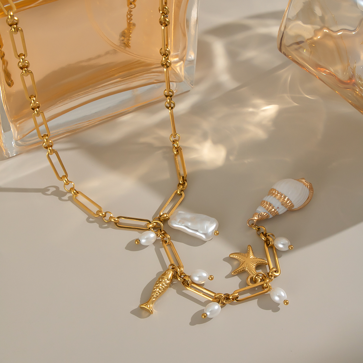 1 Piece Stainless Steel Waterproof Gold Color Pearl Pendant Necklace 2