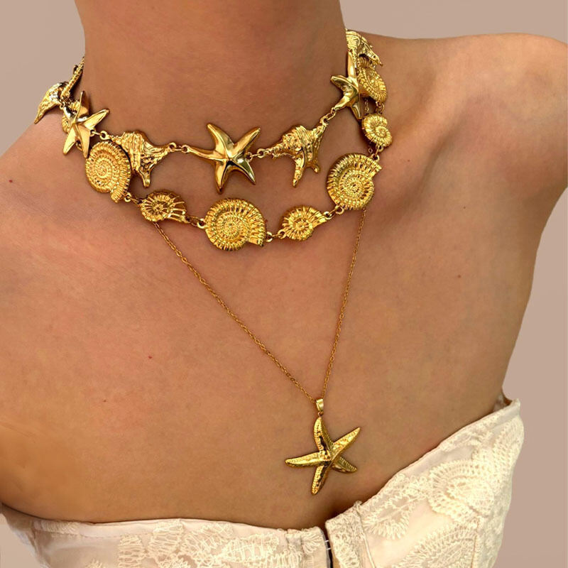 Collier pendentif étoile de mer en acier inoxydable étanche couleur or (1 pièce) h5Image3