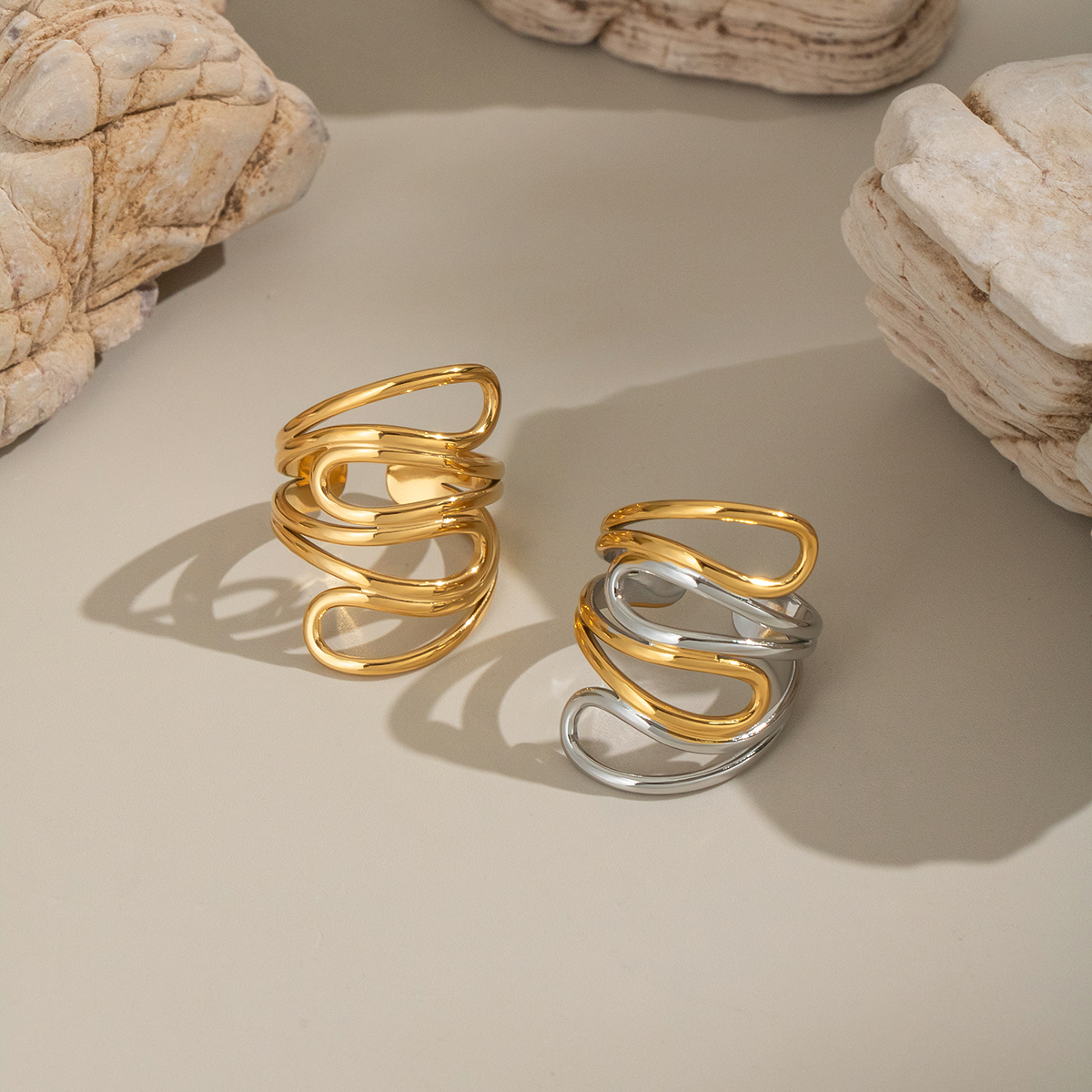 1 Pair Simple Rock Irregular Shape Stainless Steel Waterproof  Gold Color  Statement Rings