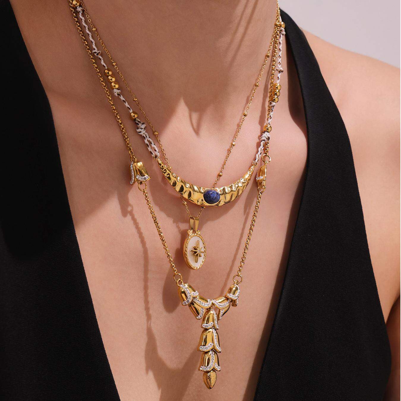 1 Piece Chic Stainless Steel Waterproof Gold Color Natural Stone Women's Pendant Necklaces