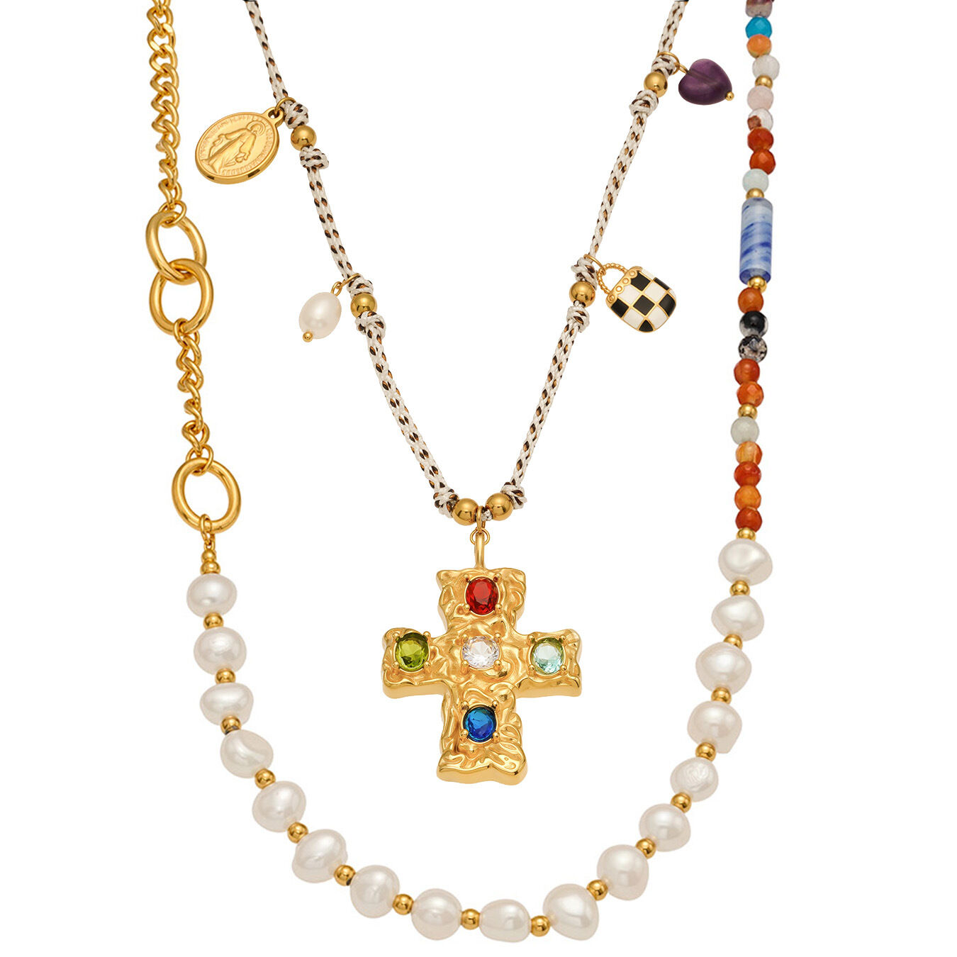 Klassische Kreuz-Perlen-Halskette aus Edelstahl, wasserfest, goldfarben, mit Zirkonia-Anhänger für Damen (1 Stück) Bild7