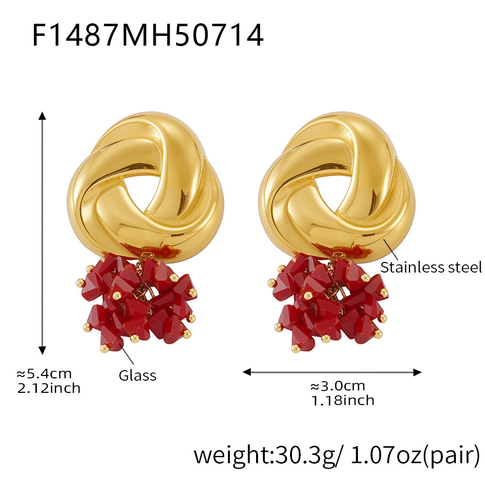 F1487-Goldene rote Steinohrringe Bild5