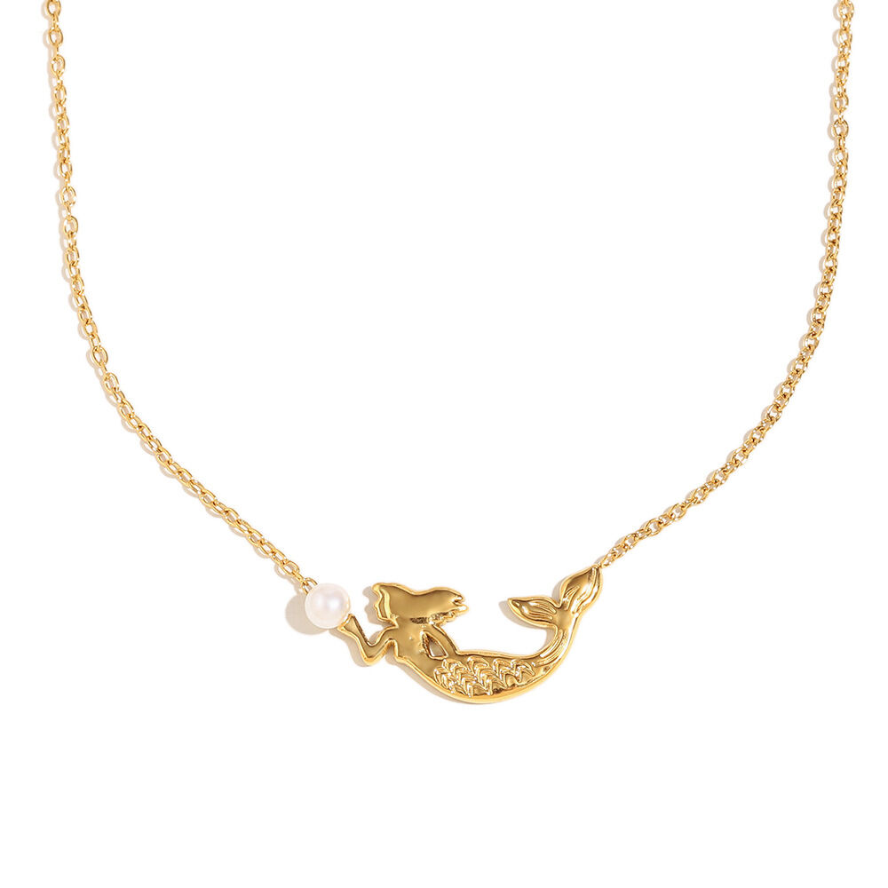 Imitation Pearl Mermaid Pendant Necklace - Gold Picture2