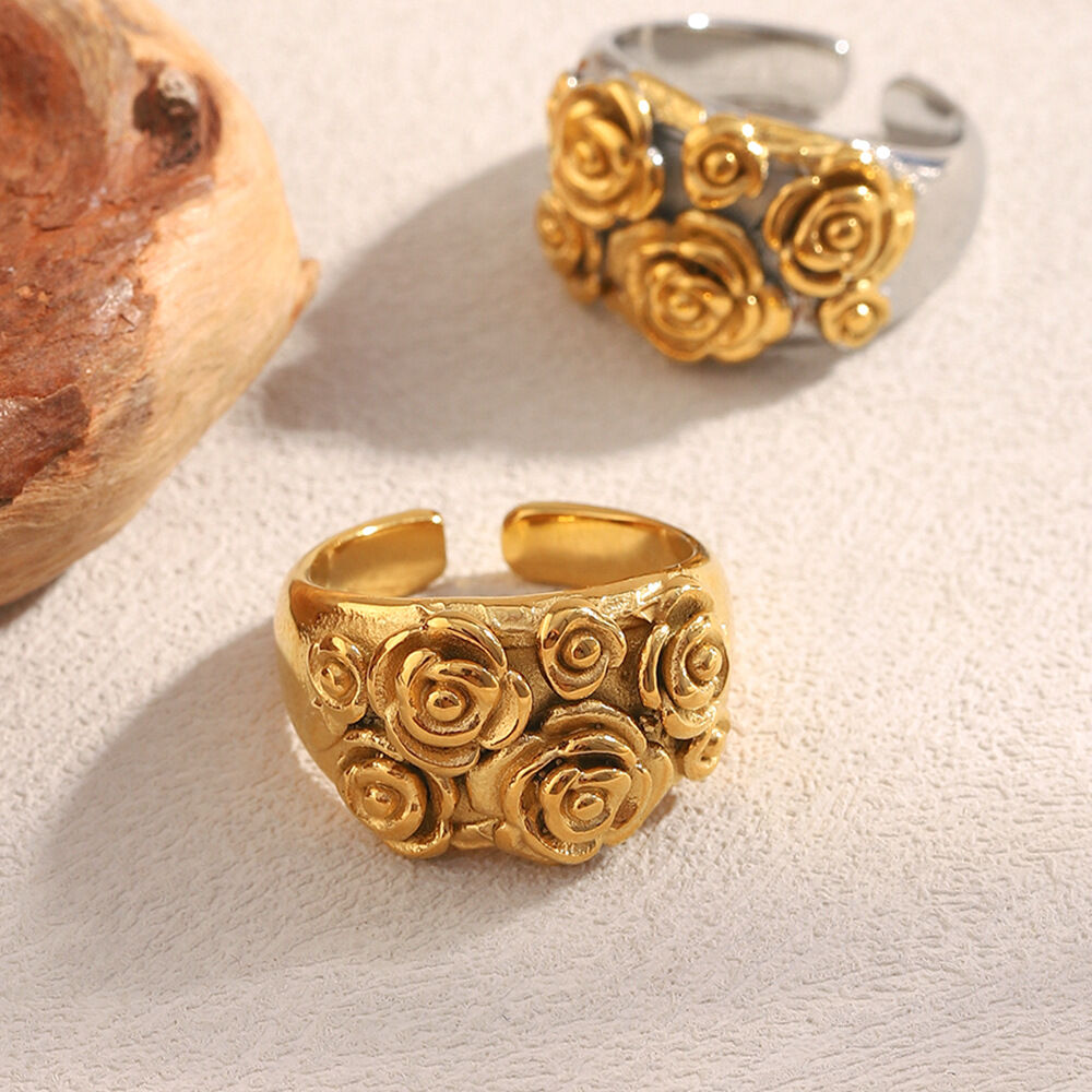 1 Piece Romantic Flower Stainless Steel Waterproof Gold Color Statement Rings h5 Picture2