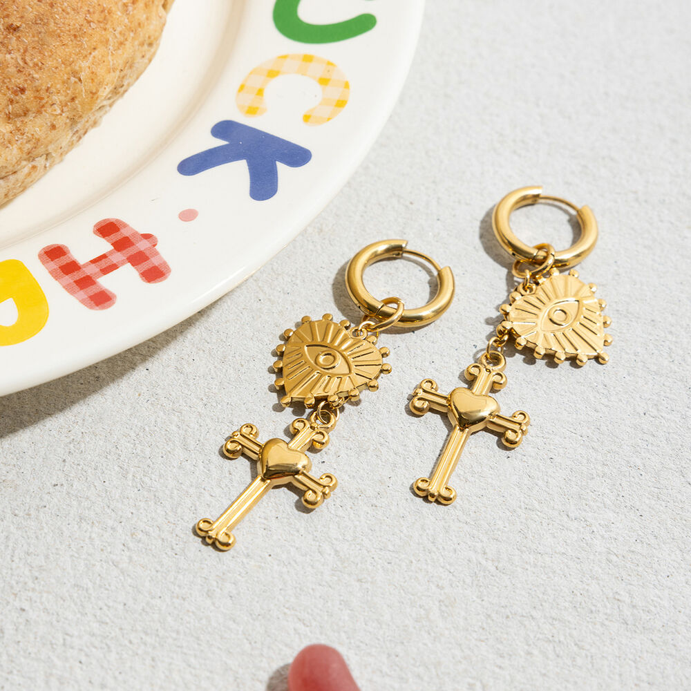 1 Pair Retro Heart&Cross Stainless Steel Waterproof Gold Color Women's Drop Earrings h5Picture3