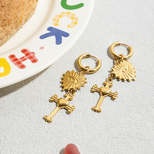 1 Pair Retro Heart&Cross Stainless Steel Waterproof Gold Color Women's Drop Earrings h5 Picture3