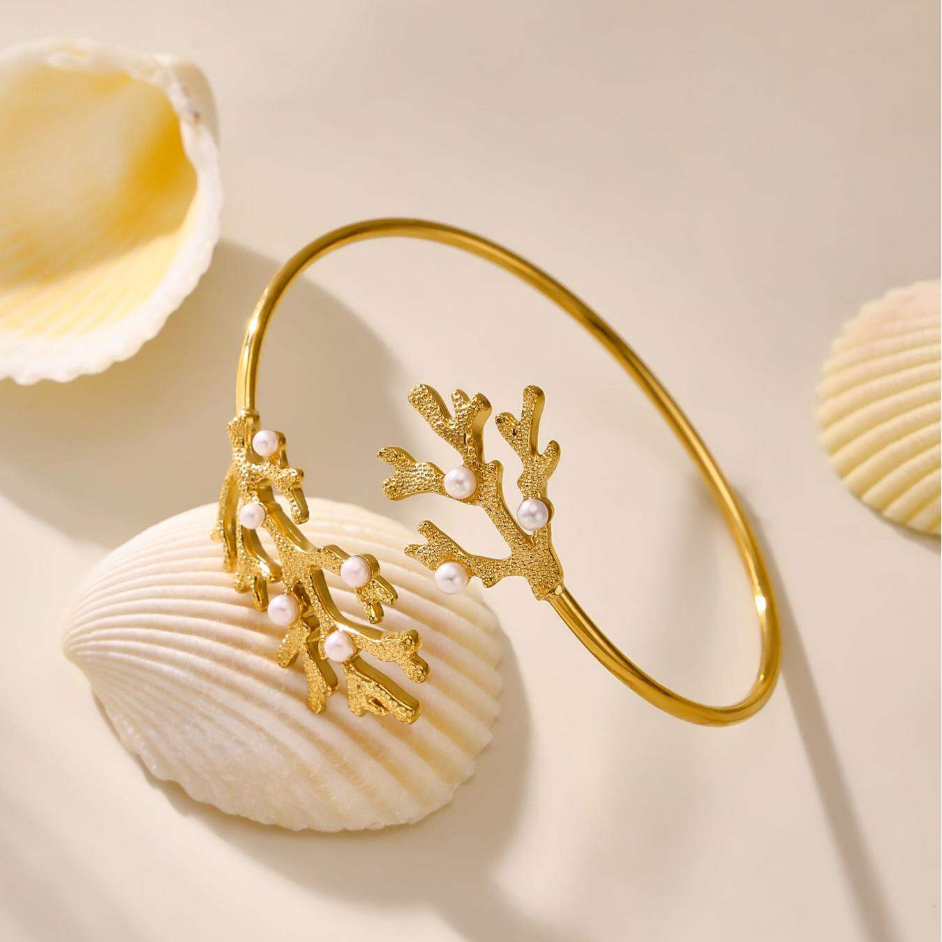 1 Piece Vacation Coral Stainless Steel Waterproof Gold Color Women's Bangles h5 Picture7