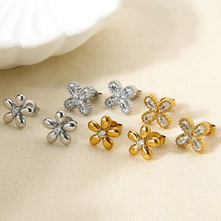 Romantic Series Elegant Flower Stainless Steel Waterproof Gold Color Zircon Women's Stud Earrings 2