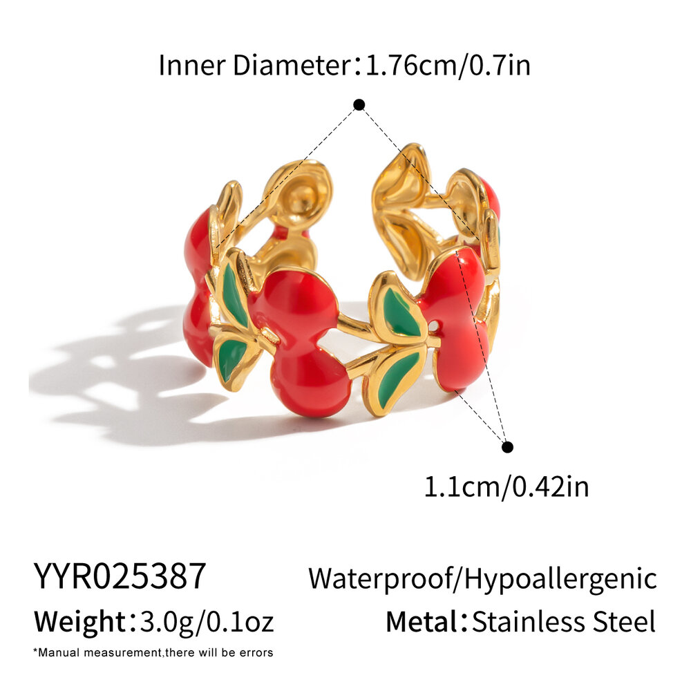 1 Piece Romantic Series Sweet Cherry Stainless Steel Waterproof Gold Color Statement Rings