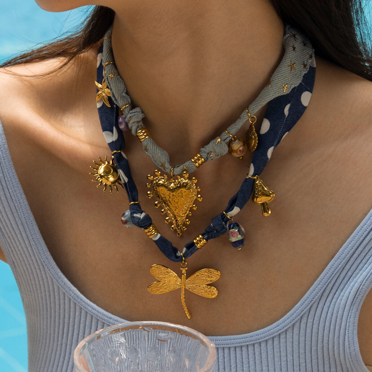 1 Piece Romantic Stainless Steel Waterproof Gold Color Fabric Pendant Necklace Picture2