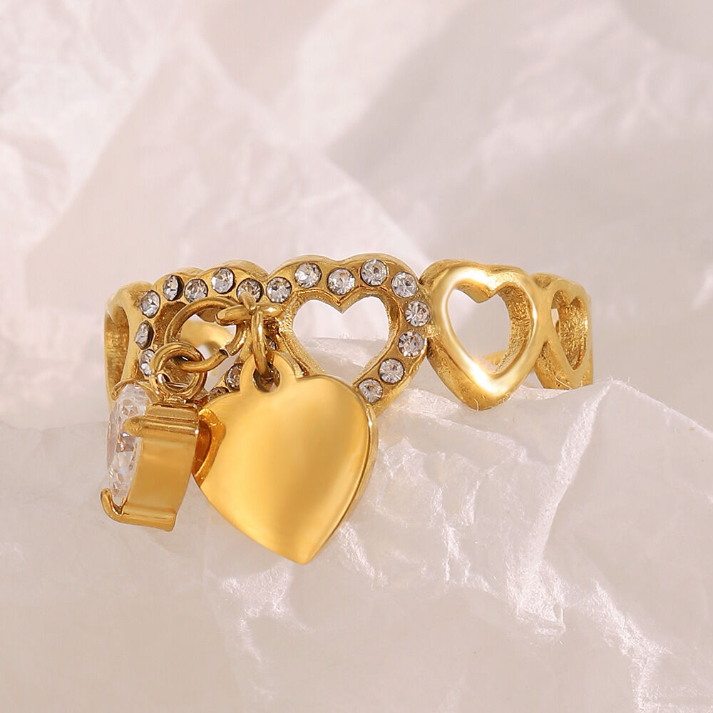 Heart Zircon Stainless Steel Waterproof Gold Color Statement Ring h5 Picture4