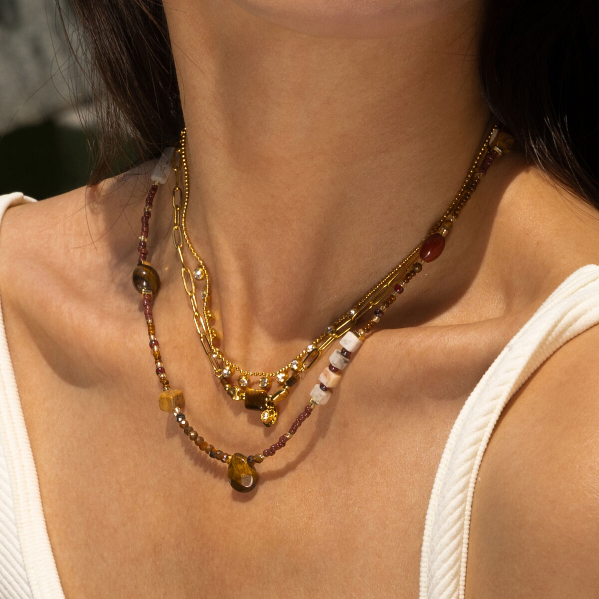 1 Piece Retro Natural Stones Gold Color Beaded Necklace 2