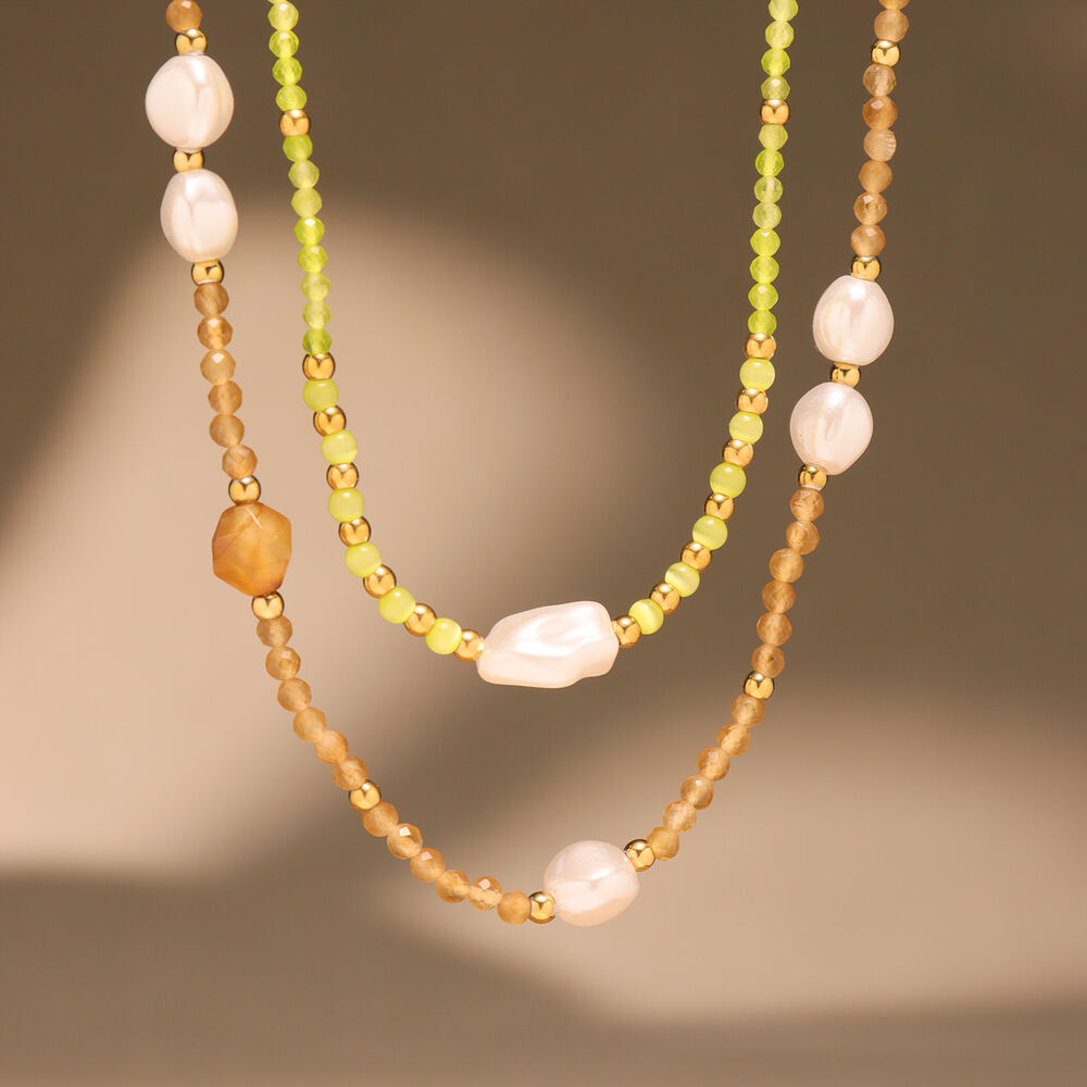 1 collar elegante de cuentas con piedras naturales de color dorado para mujer. h5Imagen5