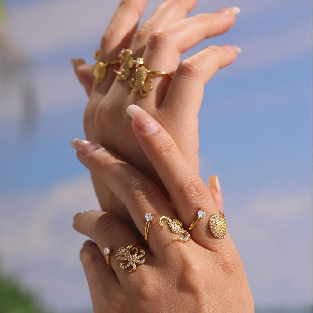 1 pezzo di anello con scritta "Vacance Sea Horse" in acciaio inossidabile, impermeabile, color oro Immagine4