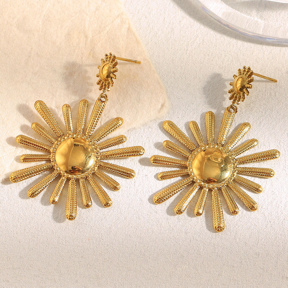 1 Pair Daily Sun Shape Stainless Steel Waterproof Gold Color Women's Drop Earrings 2